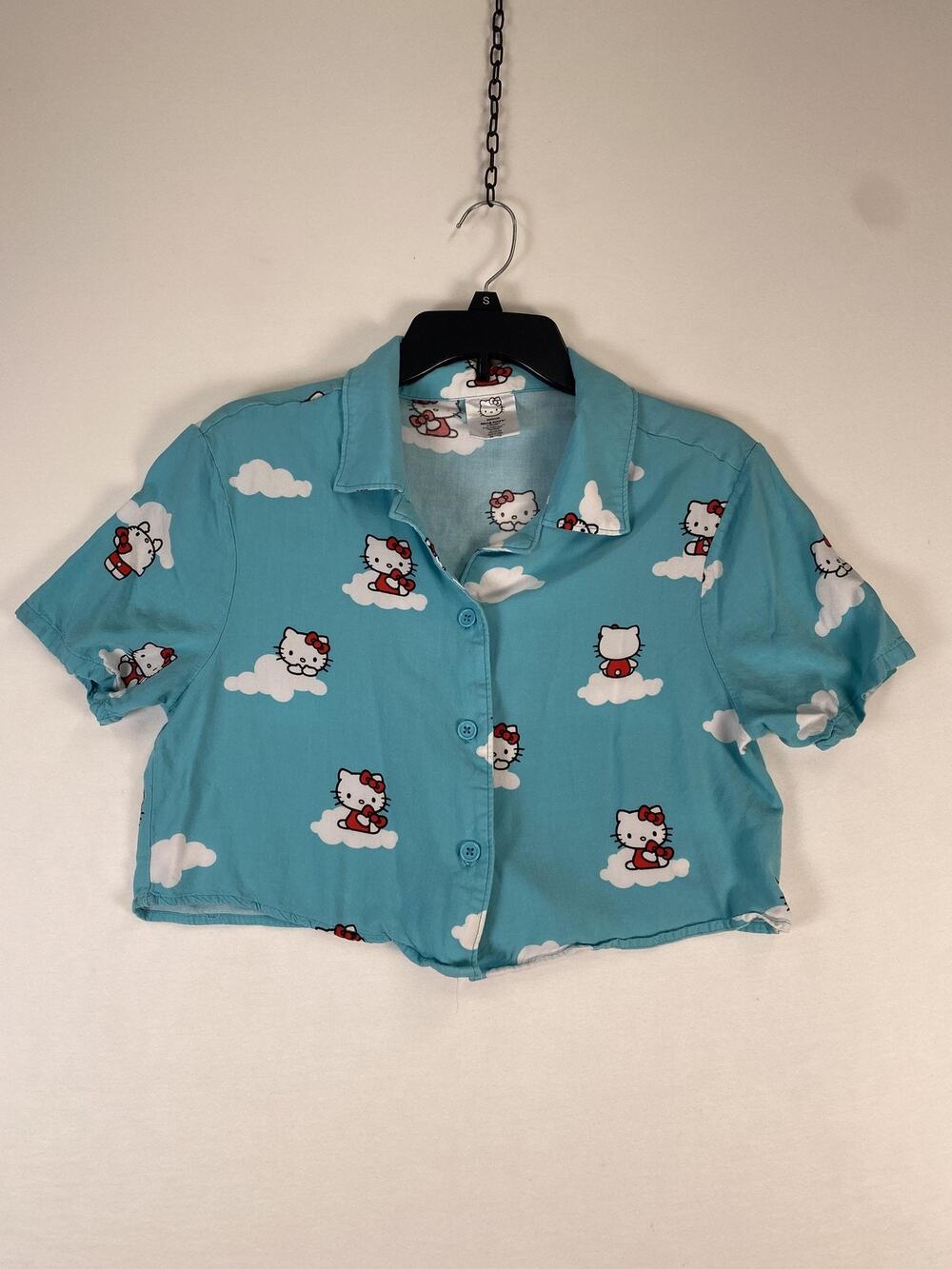 Hello Kitty Shirt Teens Medium Blue Cloud Print Cropped Button Front Top